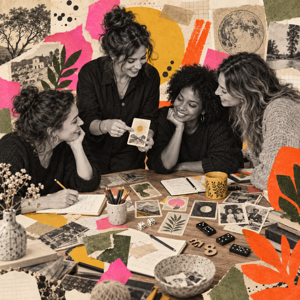 Groupe de femmes réuni autour d’une table avec carnets, cartes, dés et dominos, symbolisant les formations, les ateliers et les événements