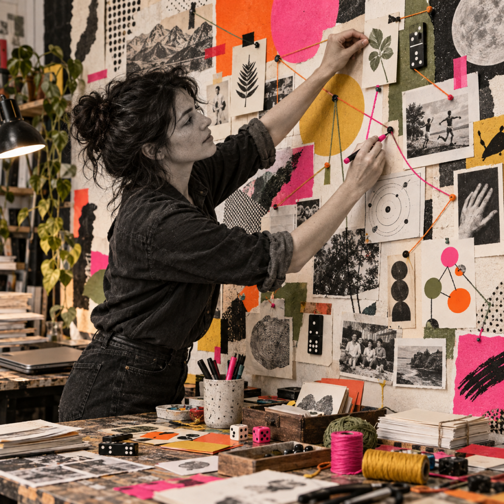 Femme reliant des cartes, des photographies, des chiffres et des fils sur un mur, symbolisant un apprentissage fondé sur la pratique et l’expérimentation