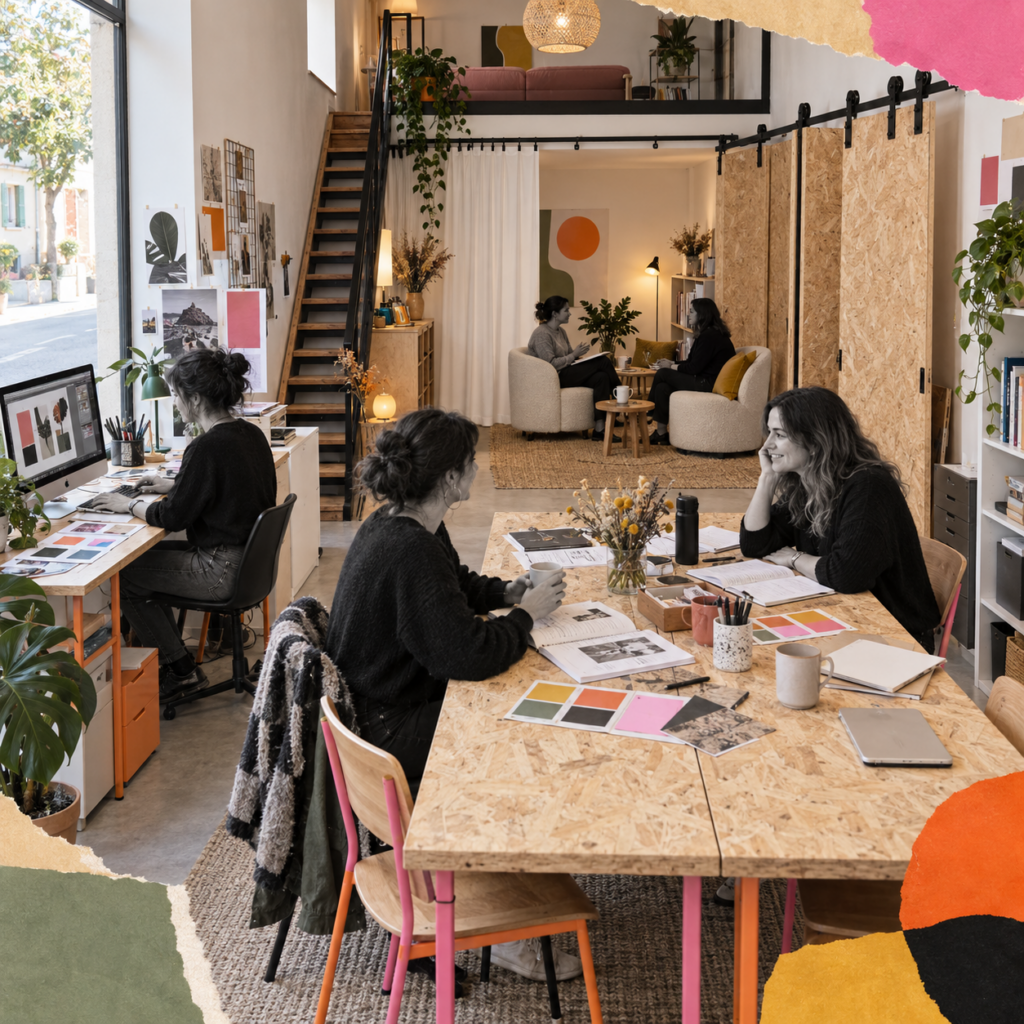 Studio modulable réunissant une table d’atelier, un espace de création graphique et un coin thérapeutique séparé par des panneaux en bois et un rideau clair
