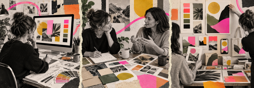 Triptyque montrant une création graphique sur ordinateur, une réunion avec prise de notes et le déploiement d’une identité visuelle sur différents supports