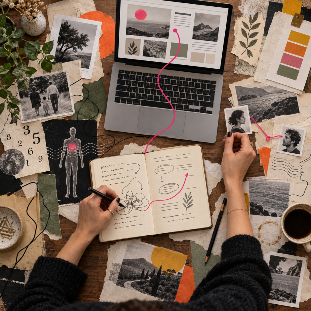 Vue du dessus d’un bureau avec carnet, ordinateur, photographies et chiffres, symbolisant la transformation des réflexions en articles de blog